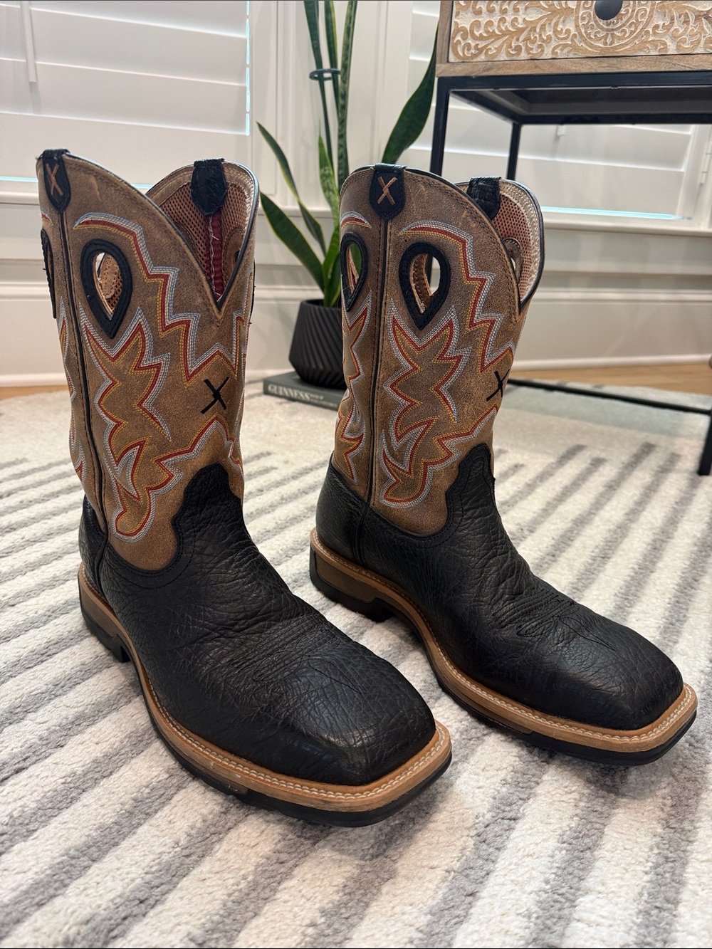 Twisted X Black Foot Western Boots with Tan Embroidered Shaft and Steel Toe.